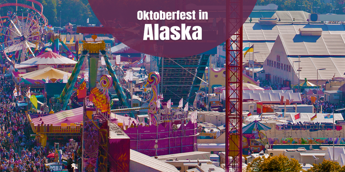 Aerial view of an Oktoberfest event in Alaska showcasing colorful carnival attractions, festival booths, entertainment areas, and large crowds