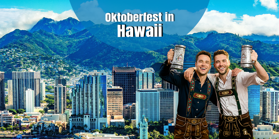 Oktoberfest in Hawaii featuring the Honolulu skyline and two men in traditional lederhosen raising beer steins during a German-inspired festival celebration