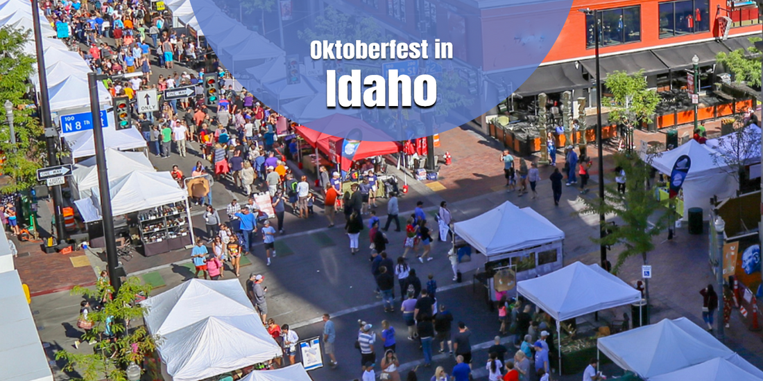 Aerial view of Oktoberfest celebrations in Idaho showcasing bustling festival crowds, outdoor market stalls, and a lively downtown celebration