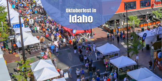 Aerial view of Oktoberfest celebrations in Idaho showcasing bustling festival crowds, outdoor market stalls, and a lively downtown celebration