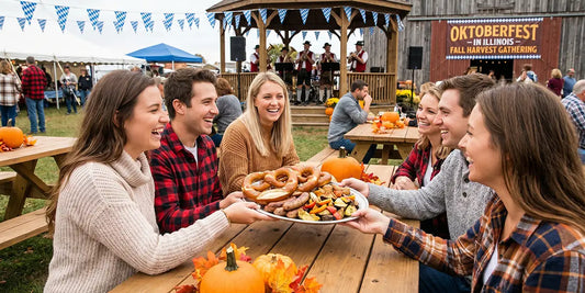 Visitors sharing pretzels, grilled sausages, and traditional festival food while enjoying live music at an Oktoberfest celebration in Illinois