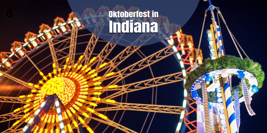 Celebrations of Oktoberfest in Indiana featuring illuminated carnival rides, Bavarian decorations, and a festive nighttime Oktoberfest atmosphere