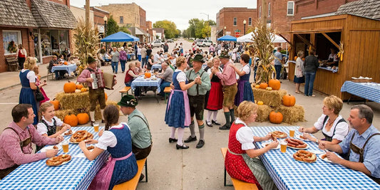 Families and visitors enjoying traditional food, folk music, dancing, and German attire during a community Oktoberfest celebration in Nebraska