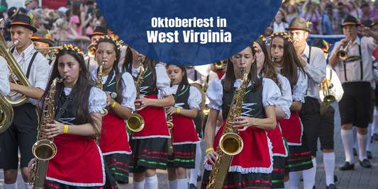 Marching band in traditional Bavarian-inspired attire performing with brass and woodwind instruments during Oktoberfest in West Virginia, showcasing lively German music, cultural entertainment, festive parades, and community celebrations