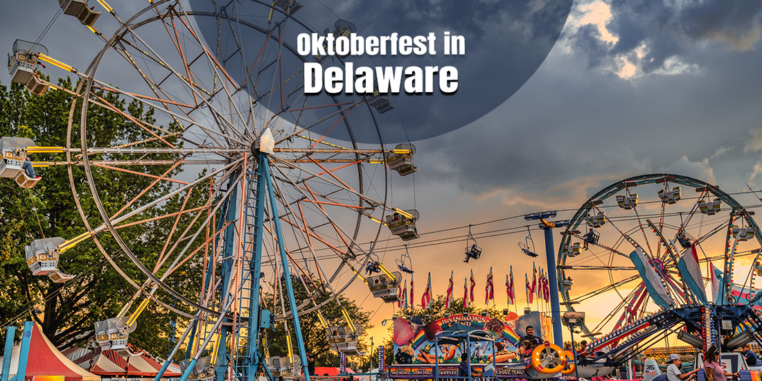 Colorful carnival rides and Ferris wheels at sunset during Oktoberfest in Delaware, showcasing a lively festival atmosphere with amusement attractions, family entertainment, German-inspired celebrations, food, and seasonal festivities