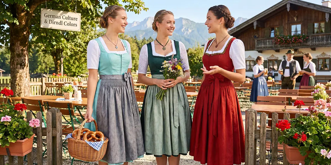 Three women wearing traditional dirndls in light blue, green, and red, showcasing popular dirndl colors and their cultural significance in a Bavarian village setting