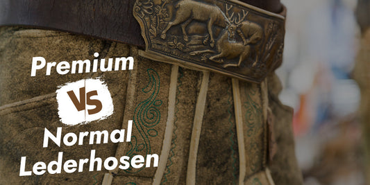 Premium and normal lederhosen comparison showing differences in leather texture, craftsmanship, embroidery, and traditional Bavarian styling