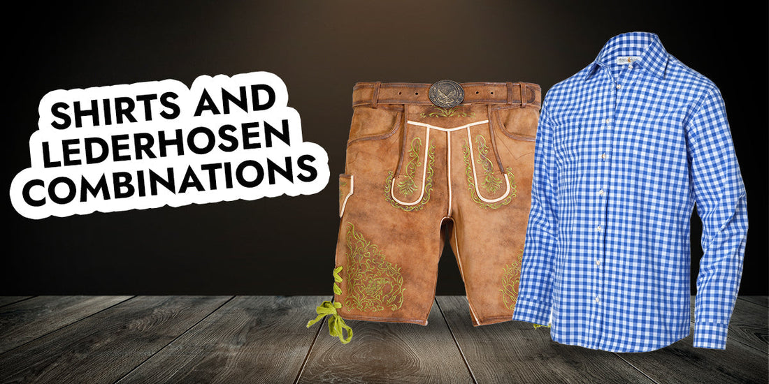Authentic embroidered lederhosen displayed with a blue checkered Bavarian shirt, illustrating a timeless Oktoberfest outfit combination for men