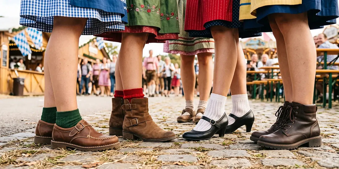 Traditional shoes paired with dirndl dresses for Oktoberfest, featuring classic Bavarian footwear styles.