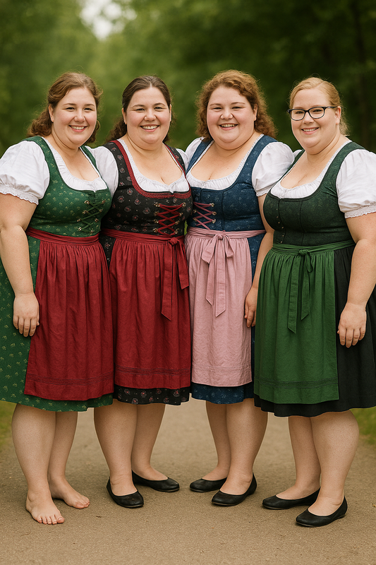 Women wearing well-fitted dirndls with defined waistlines and flattering silhouettes for fuller and curvier body types