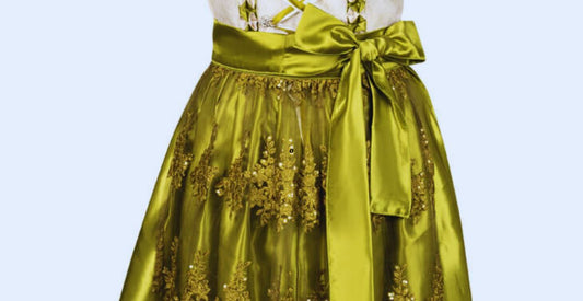 Olive green dirndl dress with floral embroidery and satin bow apron