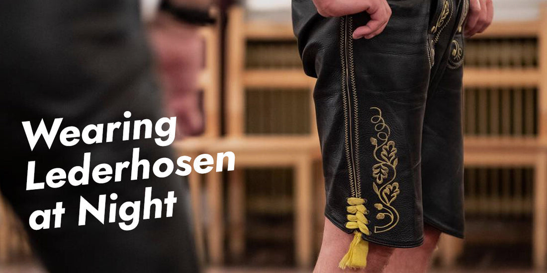 Traditional embroidered lederhosen styled for nighttime Oktoberfest celebrations, highlighting classic Bavarian fashion for evening occasions