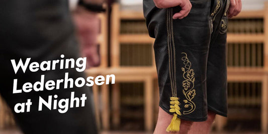 Traditional embroidered lederhosen styled for nighttime Oktoberfest celebrations, highlighting classic Bavarian fashion for evening occasions