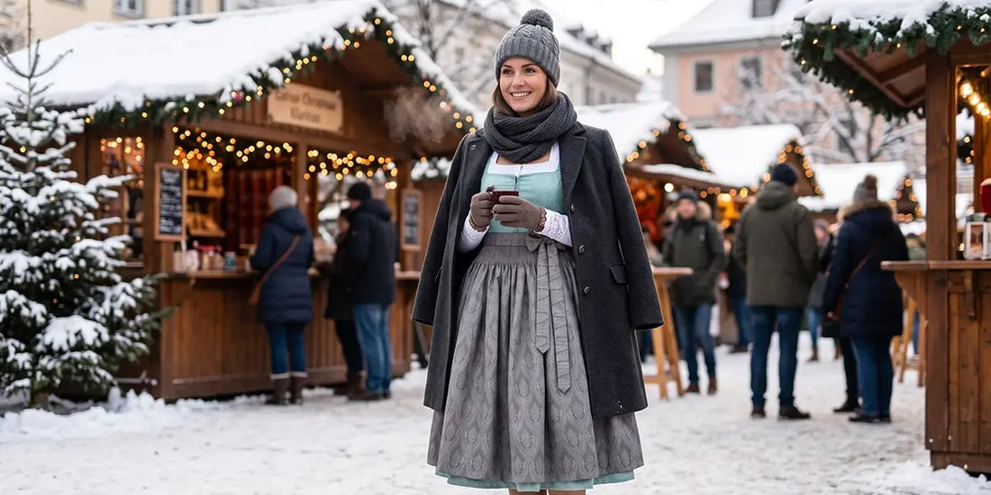 Winter dirndl outfit styled with a coat, knit hat, and scarf for staying warm in cold weather.
