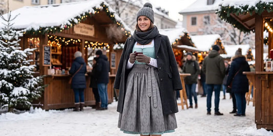 Winter dirndl outfit styled with a coat, knit hat, and scarf for staying warm in cold weather.