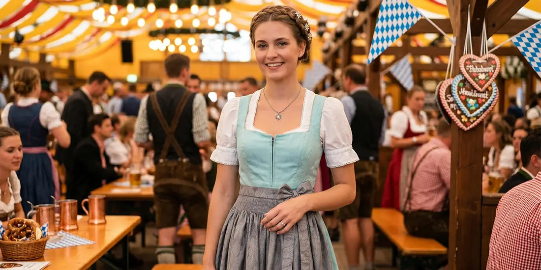 Woman wearing a traditional Bavarian dirndl inside an Oktoberfest beer tent, reflecting the enduring heritage of the classic dirndl dress