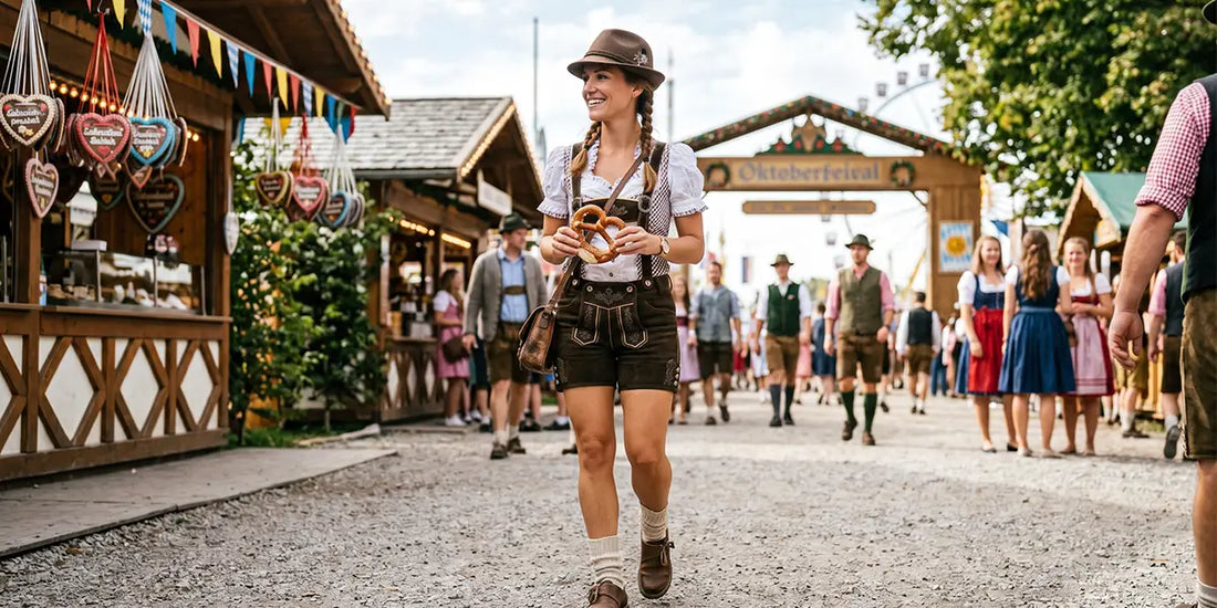 Alternative Oktoberfest outfit for women featuring women's lederhosen and white blouse at the festival grounds