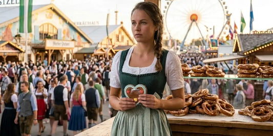 Young woman in a green Dirndl holds a decorated gingerbread heart beside stacks of fresh pretzels as visitors fill the Oktoberfest fairgrounds behind her