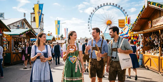 First-time Oktoberfest visitors in traditional dirndls and lederhosen exploring festival stalls, carrying Bavarian treats, and enjoying the lively fairground atmosphere