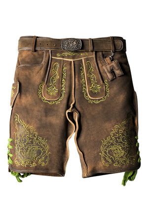 Green Deer Embroidery on Coffee Colored Trachten Lederhosen