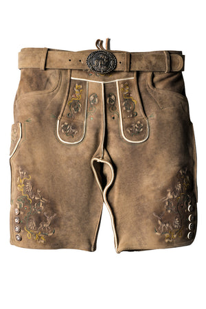 Faded Brown Lederhosen with Subtle Embroidery Patterns and Handy Back Pockets