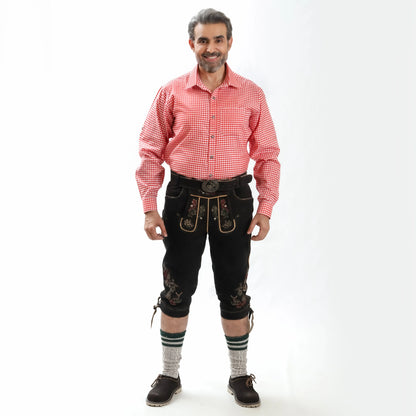 Black bundhosen with embroidered deer and floral motifs, decorative front flap, side pocket, and stag buckle belt