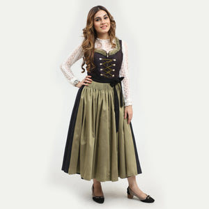 Traditional dirndl dress with a deep brown bodice, front lace-up detail, and full olive-green skirt tied with a black sash bow at the waist