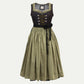 Traditional dirndl dress with a deep brown bodice, front lace-up detail, and full olive-green skirt tied with a black sash bow at the waist