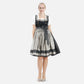 Classic Bavarian dirndl with structured black bodice, front lacing, and a full satin-like skirt in silver-gray with dark ornamental bands
