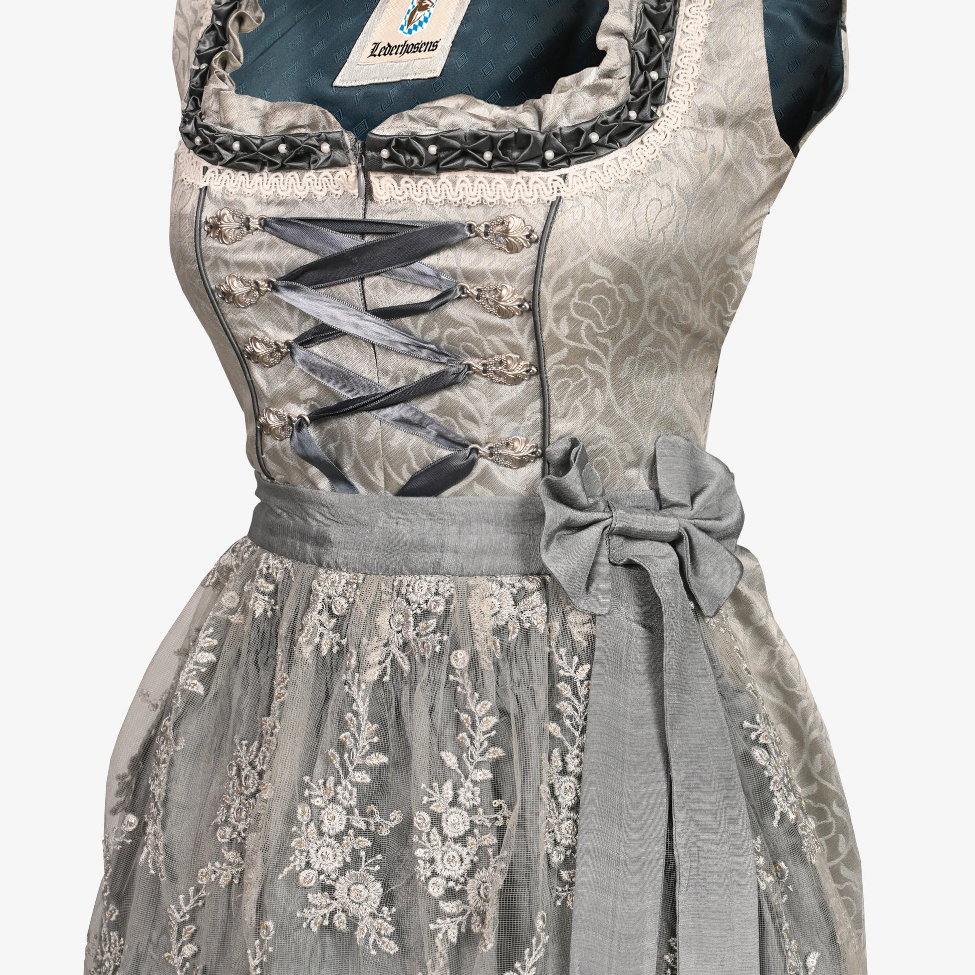 Elegant silver lace dirndl dress with embroidered apron, ribbon lacing, perfect for Oktoberfest, Bavarian weddings, traditional celebrations, and festive occasions