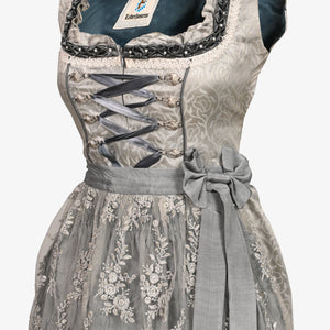 Elegant silver lace dirndl dress with embroidered apron, ribbon lacing, perfect for Oktoberfest, Bavarian weddings, traditional celebrations, and festive occasions