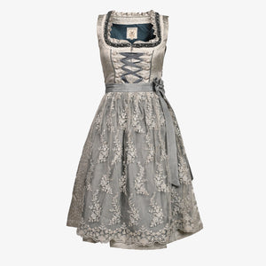 Elegant silver lace dirndl dress with embroidered apron, ribbon lacing, perfect for Oktoberfest, Bavarian weddings, traditional celebrations, and festive occasions