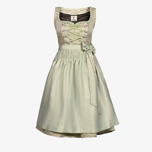 Elegant sage green dirndl dress with matching apron, ribbon lacing, perfect for Oktoberfest, Bavarian weddings, traditional celebrations, and festive occasions