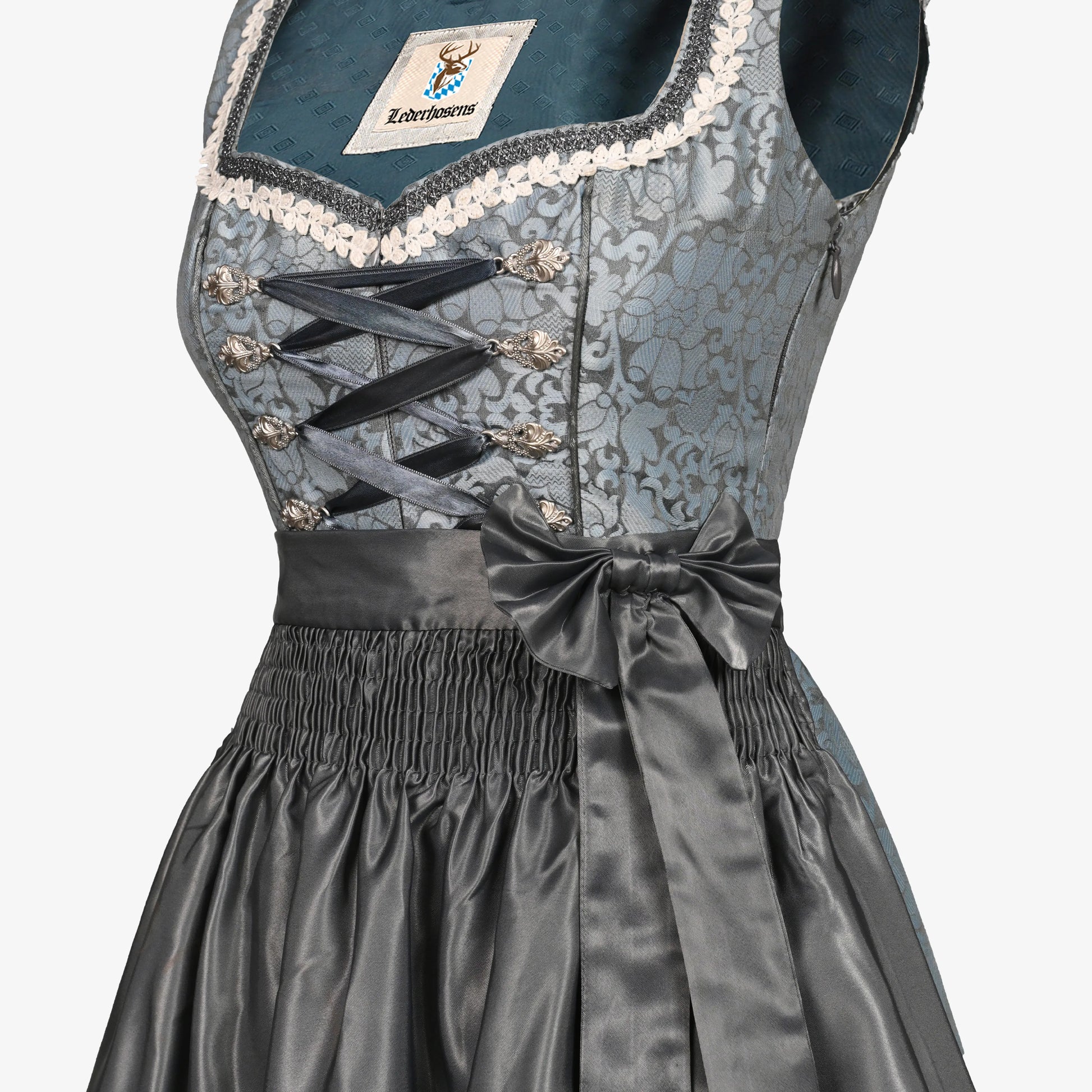 Elegant dusky blue dirndl dress with charcoal apron, ribbon lacing, lace trim, perfect for Oktoberfest, Bavarian celebrations, and festive occasions