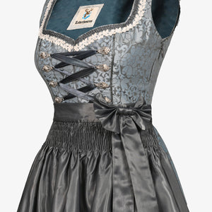 Elegant dusky blue dirndl dress with charcoal apron, ribbon lacing, lace trim, perfect for Oktoberfest, Bavarian celebrations, and festive occasions