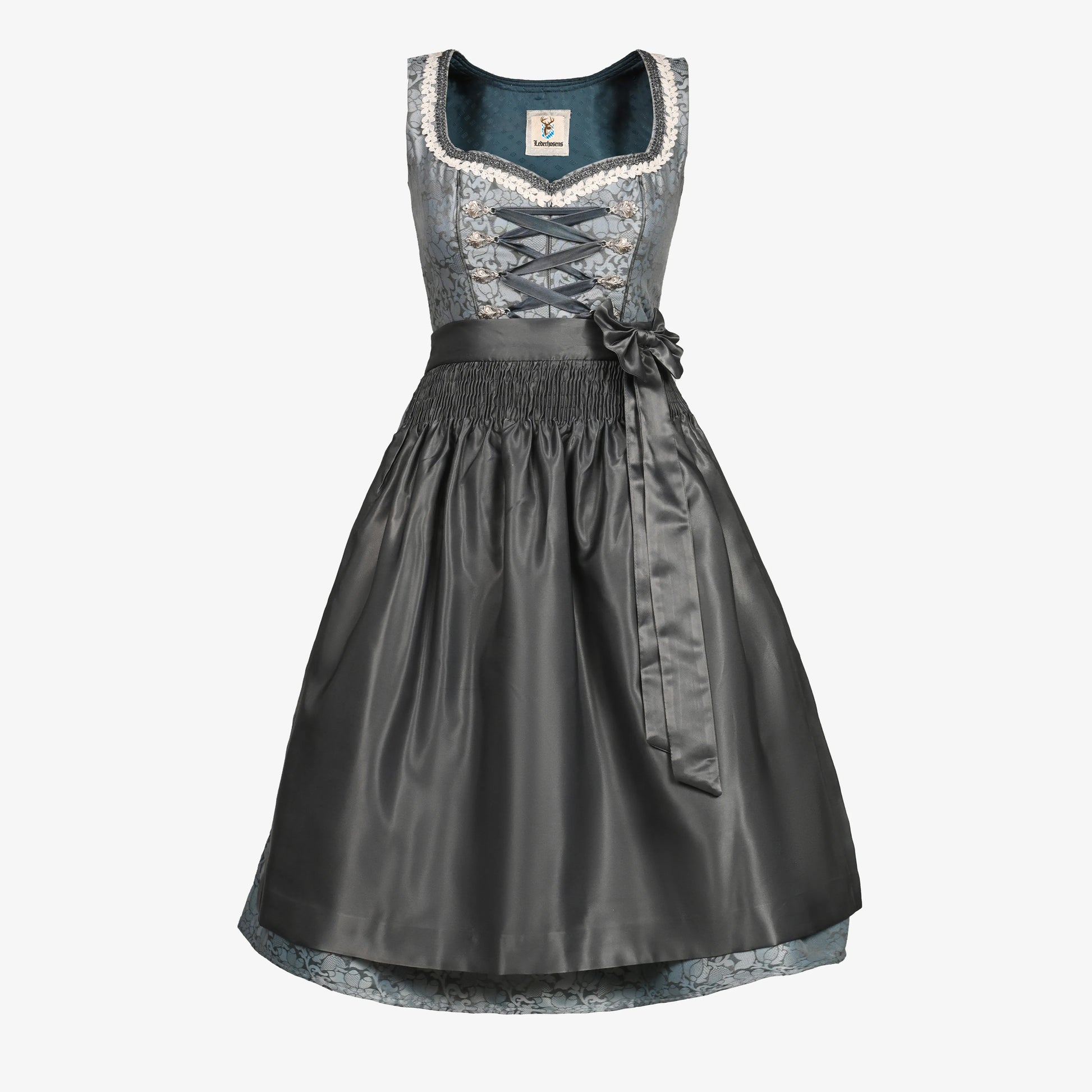 Elegant dusky blue dirndl dress with charcoal apron, ribbon lacing, lace trim, perfect for Oktoberfest, Bavarian celebrations, and festive occasions