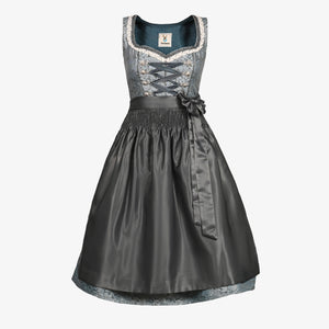 Elegant dusky blue dirndl dress with charcoal apron, ribbon lacing, lace trim, perfect for Oktoberfest, Bavarian celebrations, and festive occasions