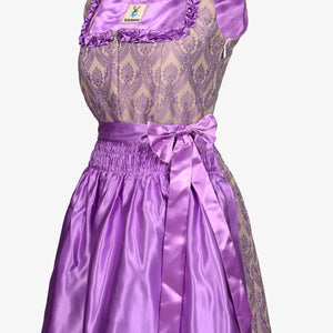 Elegant purple dirndl dress with satin apron, floral jacquard bodice, ideal for Oktoberfest, Bavarian festivals, cultural events, and traditional celebrations