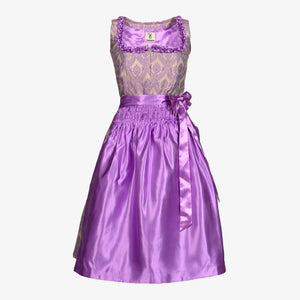 Elegant purple dirndl dress with satin apron, floral jacquard bodice, ideal for Oktoberfest, Bavarian festivals, cultural events, and traditional celebrations