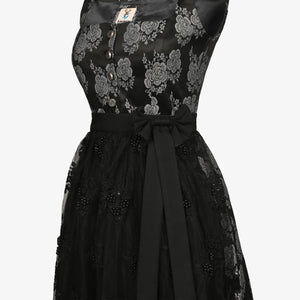 Elegant black floral dirndl dress with lace overlay, decorative buttons, perfect for Oktoberfest, Bavarian festivals, evening events, and celebrations