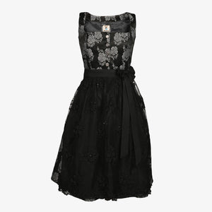 Elegant black floral dirndl dress with lace overlay, decorative buttons, perfect for Oktoberfest, Bavarian festivals, evening events, and celebrations
