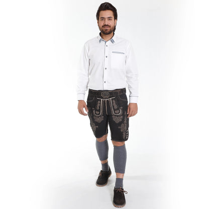 Black suede lederhosen with intricate charcoal embroidery, decorative side buttons and traditional silver-tone buckle belt