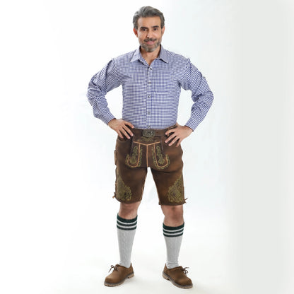 Brown suede lederhosen with green oak leaf embroidery, side lace ties and decorative silver-tone buckle belt