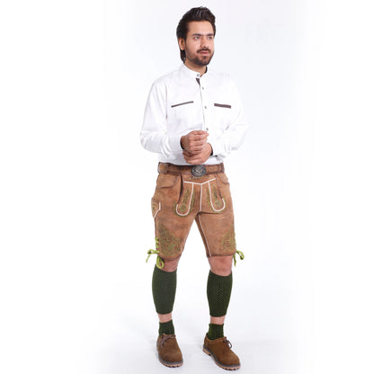 Bavarian lederhosen in brown suede featuring ornate green embroidery, front flap detailing and adjustable waist belt
