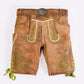 Bavarian lederhosen in brown suede featuring ornate green embroidery, front flap detailing and adjustable waist belt