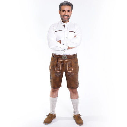 Brown suede lederhosen  with gray embroidery, deer motifs and decorative side buttons with matching belt