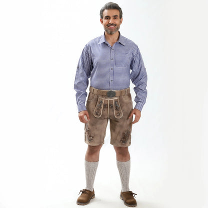 Brown suede lederhosen  with blue floral embroidery, deer motifs and decorative side buttons with matching belt