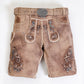 Brown suede lederhosen  with blue floral embroidery, deer motifs and decorative side buttons with matching belt