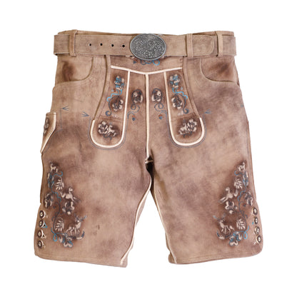 Faded Brown Lederhosen with Delicate Blue Embroidery