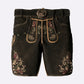 Black suede lederhosen with multicolor floral and deer embroidery, decorative side buttons and stag buckle belt